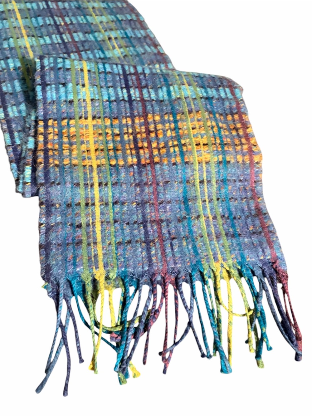 Vintage Victoire Mathieu Woven Teal and Purple Plaid Scarf with Yellow Accents